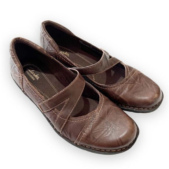 Clarks Bendables Rumpled Brown Leather Mary Jane‎ Flats Women’s Size 9 Lagenlook - Picture 1 of 11